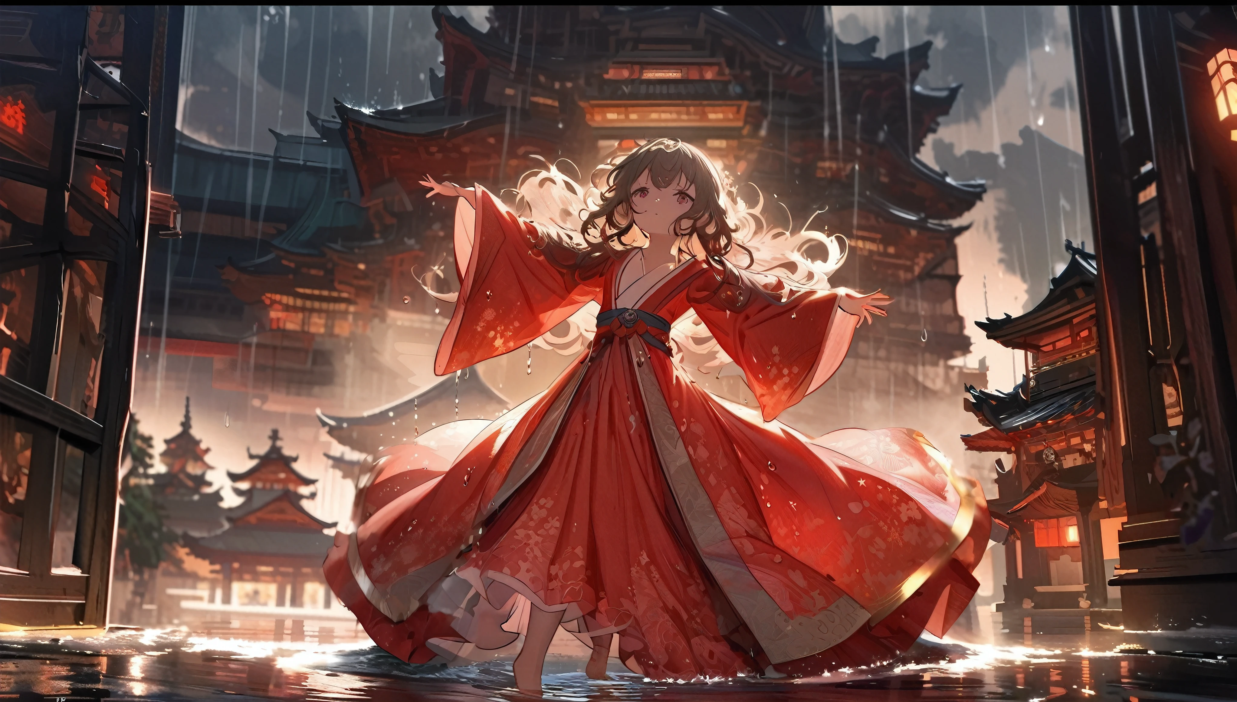 (full body), (solo), (A 7-year-old girl:1.2), (very young little girl), loli, (Solo), (small breast), (wide angle), raw photo, Aesthetic, Convoluted, Awarded, chiaroscuro, Best Quality, Detailed background, (Misty atmosphere:1.2), (hard rainy day:1.1),((Girl in red very long hanfu:1.2)), large red silk hanfu, long red hanfu with a silk texture, best wrinkles, real wrinkles, best shadows, (wet, wet body, wet hair, wet skin, very wet red hanfu, reflection on the wet hanfu, delicate cherry blossom embroidery, subtle water droplets:1.15), (water spray:1.1), The downpour cascades from the heavens, each droplet a crystal bead against the backdrop of the dusky sky. The little girl, a vision in scarlet, twirls gracefully, her red long dress adorned with intricate golden patterns that shimmer in the rain's soft light. The fabric, once crisp and structured, now clings to her form, revealing the contours of her youthful silhouette. Her hair, once neatly styled, now falls in damp strands around her face, framing her features with a natural, wild beauty. The rain has washed away any semblance of artifice, leaving only the pure essence of her spirit exposed. Barefoot, her feet press into the cool, damp earth, each step a connection to the sacred ground beneath her. As she dances, her movements are fluid and free, a dance not of choreographed steps but of spontaneous expression. Her arms extend, hands gracefully tracing the air, as if drawing the raindrops into her orbit. The rain-soaked dress flows with her, the hem fluttering like wings as she spins, creating a halo of water around her. The scene is one of serene tranquility, yet there is an undercurrent of sacred power. The rain, the earth, the girl, all are part of an ancient ritual, a dance of life and renewal. The air is filled with the scent of wet earth and the faintest hint of something more—a hint of incense, perhaps, or the memory of prayers whispered long ago. This is a moment frozen in time, a snapshot of innocen