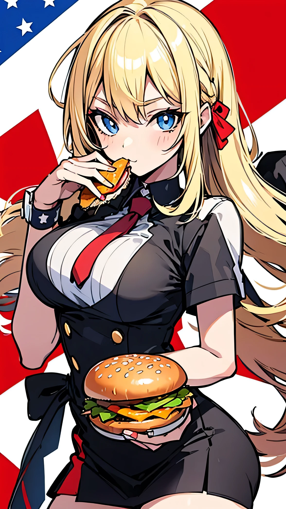 eating a hamburger cowgirl US flag fashion Vtuber style blonde hair 1girl glamorous pose master piece best quality ultra detailed