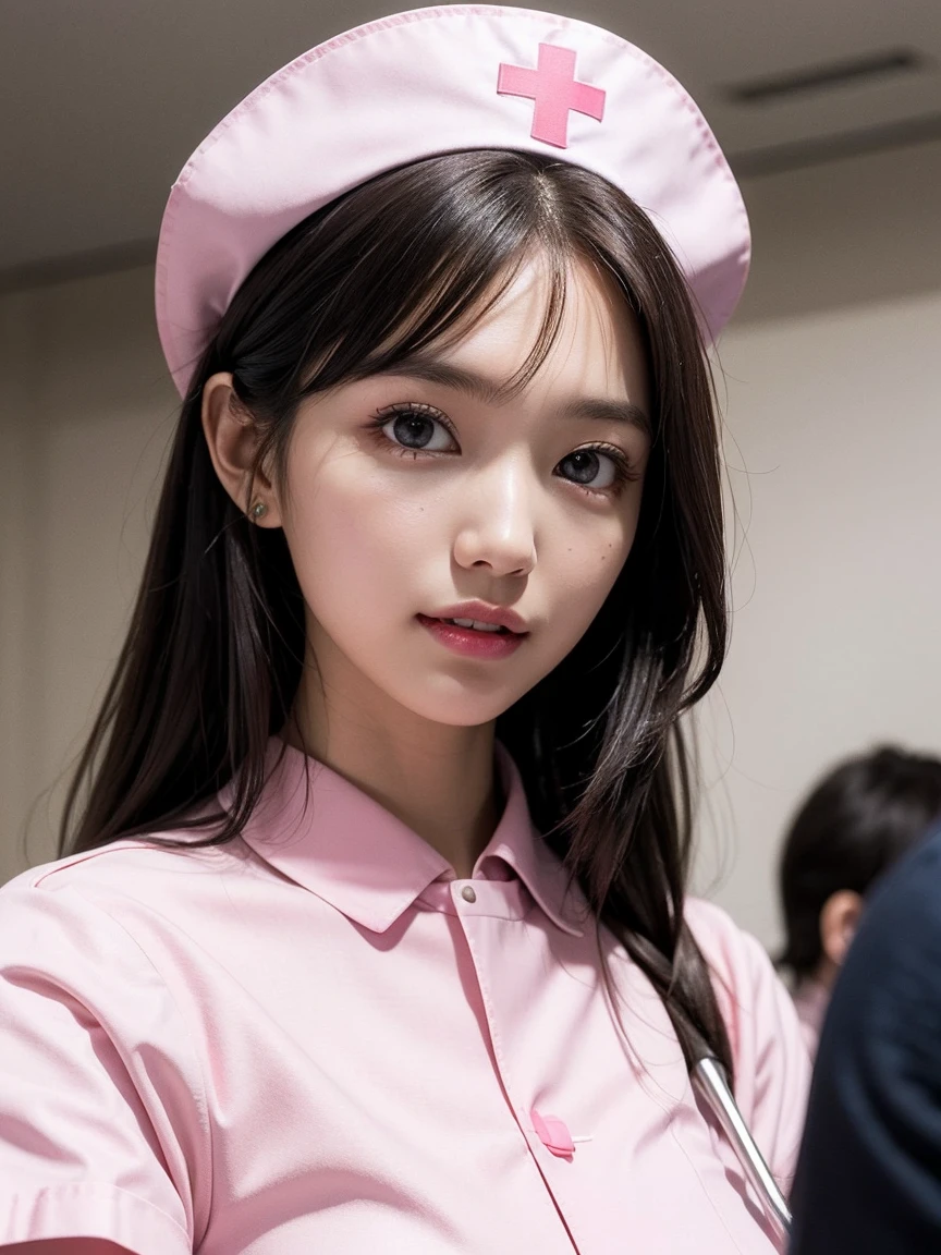 (ultimate beautiful wife)、16 years old、Ultra-detailed face、Detailed lips、(Big eyes:1.4)、double eyelid、Brunette long hair、With bangs、(Shy expression)、(White teeth)、(lips are parted)、Watching the audience、((She is wearing a pink nurse&#39;s uniform:1.4))、((Large Breasts、Cleavage))、((Wide pelvis))、Thigh、Thigh、Thigh、(Cowboy Shot:1.3)、Perfect fit、Depth of written boundary、Perfect Image Realism、background:(subway))、細心の注意を払ったbackground、Detailed costume、 Perfect lighting、Hyperrealism、Photorealism、Maximum resolution 8K、(masterpiece)、Very detailed、professional