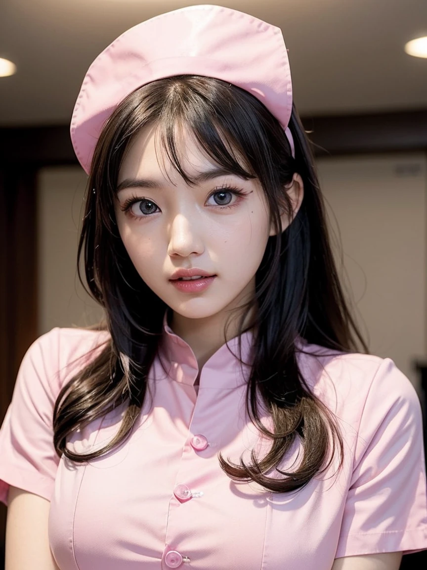 (1 woman、Japanese、30 years old、Refreshing、clear、seems kind、stylish、(narrow eyes),long eyes、Pitiful、cute like an angel、cute、black eyes、Idol,actress,),(very cute)、(chestnut hair:1.4),(curly hair:1.4),(medium long hair),(enchanting eyes),(highlight on eyes:1.4)、(8K、Live shooting、highest quality、masterpiece:1.2、optimal lighting)、((masterpiece)),(Photo taken by a professional photographer),(real、photo real:1.4),{ (Pink theme:1.4),(nurse costume),(nurse)},(cleavage,) break, break,(Hospital,hospital room),(on the bed),(night),break,,break,( Shy:1.2),(face shot),(Lying on the bed, face facing the viewer:1.6)