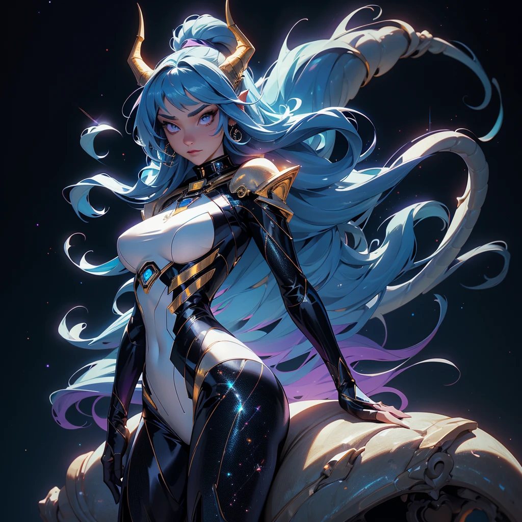 A space dragon sitting at the edge of the universe, lonely, sad, void, stars, the stars mixed in the sea, a sea of stars, ethereal woman, Blue and purple hair , space buns, space outfit, white black and gold outfit, golden dragon horns and tail, space outfit, space suit, mass effect suit, perfectly drawn face, black dress, stars detailed background, prismatic lighting, glitter, whole body, walking on the stars with crystal shoes A beautiful dragon humanoid woman with space hair of variant shades of blue and purple with space buns in hair , Golden scanes on the face and shoulders, Anime, 4k, Beautiful woman with a golden dragon tail and horns, Space hair, Floating in space, Vintage space Attire, floating through space, dancing, havign fun, Space Witch, Witch, Older woman, Toned physique, long hair with side bangs, humanoid face with scales, human with dragon horns and tail, witch outfit, body suit, thigh boots, wearing black, white and gold, blue hair, purple hair, Woman in space with water rippling reflecting the night sky, space and water mixed today, dancing in space, floating, ethereal dragon at the edge of the universe, end of the universe