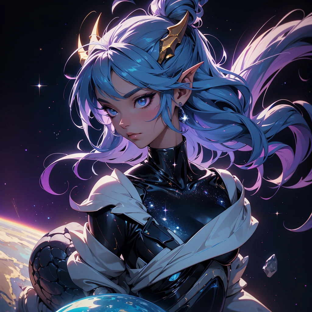 A space dragon sitting at the edge of the universe, lonely, sad, void, stars, the stars mixed in the sea, a sea of stars, ethereal woman, Blue and purple hair , space buns, space outfit, white black and gold outfit, golden dragon horns and tail, space outfit, space suit, mass effect suit, perfectly drawn face, black dress, stars detailed background, prismatic lighting, glitter, whole body, walking on the stars with crystal shoes A beautiful dragon humanoid woman with space hair of variant shades of blue and purple with space buns in hair , Golden scanes on the face and shoulders, Anime, 4k, Beautiful woman with a golden dragon tail and horns, Space hair, Floating in space, Vintage space Attire, floating through space, dancing, havign fun, Space Witch, Witch, Older woman, Toned physique, long hair with side bangs, humanoid face with scales, human with dragon horns and tail, witch outfit, body suit, thigh boots, wearing black, white and gold, blue hair, purple hair, Woman in space with water rippling reflecting the night sky, space and water mixed today, dancing in space, floating, ethereal dragon at the edge of the universe, end of the universe