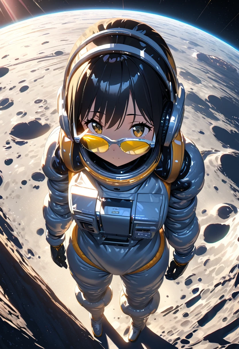 (extremely detailed fine touch:1.3), (hard light, studio light, light rays, dappled light, reflection, shadows, ray tracing:1.0), (2D:1.3), girl, solo, very short black hair, (((yellow underrim glasses:1.3))), (headphones:1.2), blush, spacesuit, space helmet, standing on the moon, space, Space Colony,