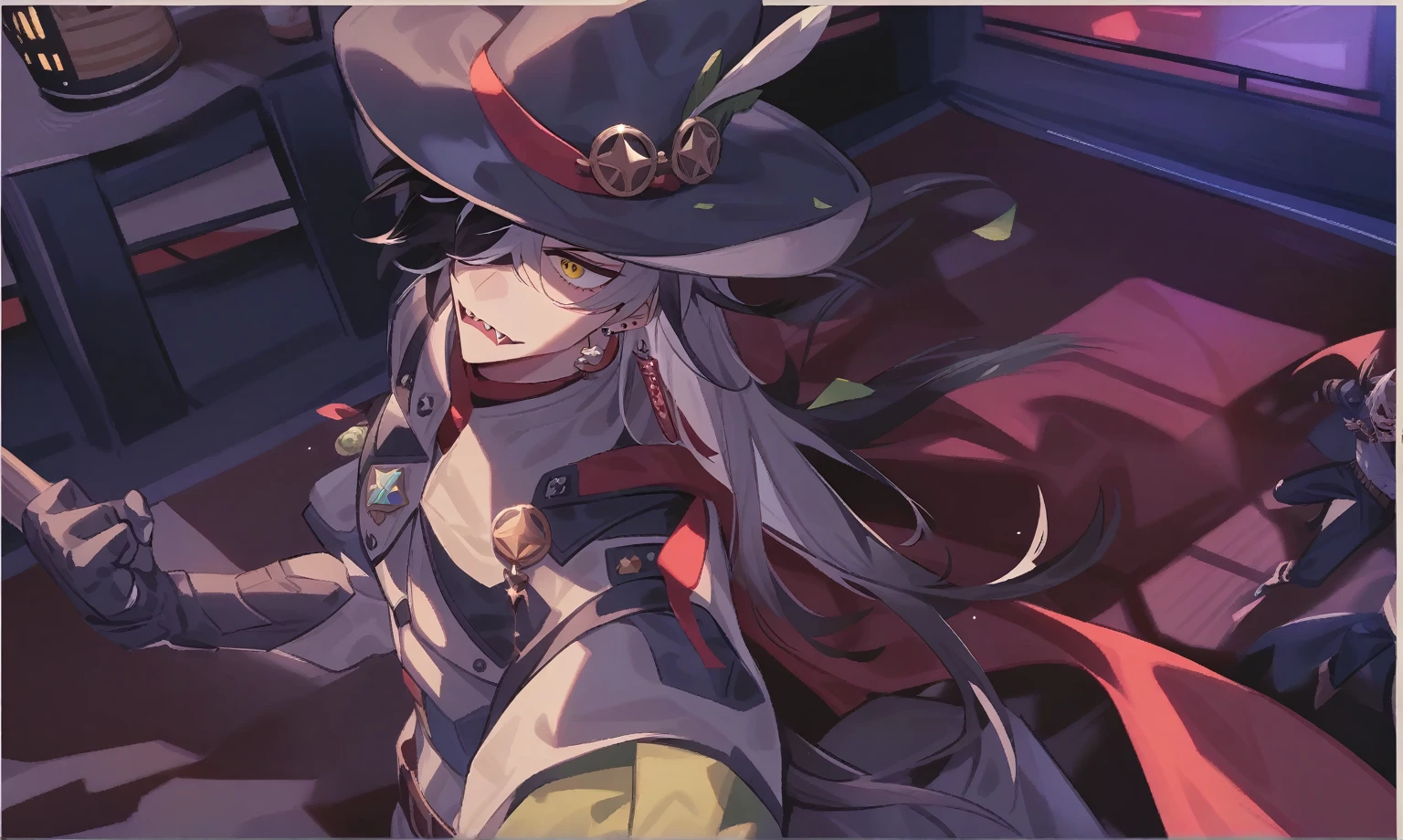 Fraction_9,Fraction_8_Direction_7_up,Boot Hill_\(Collapse:_Star_rail\),male_Key Points,1 boy,Black_hair,White_hair,hair_Exceed_one_Eye,long_hair,two-tone_hair,sharp_teeth,color_hair,Black_have,earrings,ear_punching,have_feather,_badge,Brown_belt,