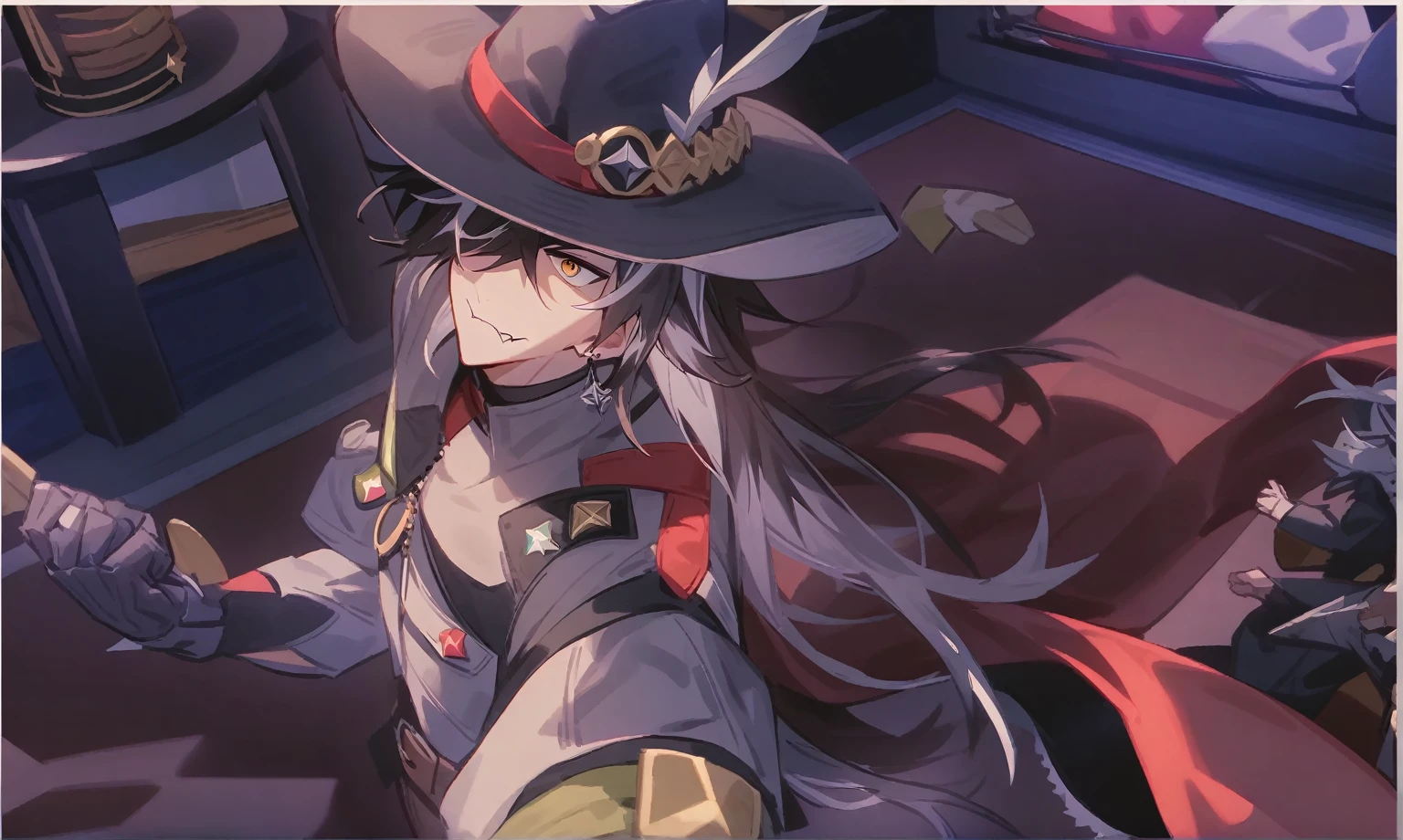 Fraction_9,Fraction_8_Direction_7_up,Boot Hill_\(Collapse:_Star_rail\),male_Key Points,1 boy,Black_hair,White_hair,hair_Exceed_one_Eye,long_hair,two-tone_hair,sharp_teeth,color_hair,Black_have,earrings,ear_punching,have_feather,_badge,Brown_belt,