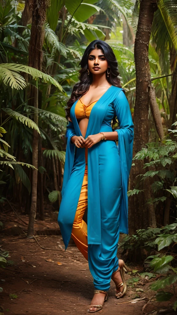 beautiful young Indian women,yo 24,wearing salwar and suit,blue salwar and suit, beautiful lips,red lips,beautiful face,big breast,beautiful nose,full body, standing position,8k quality,jungle background,realistic