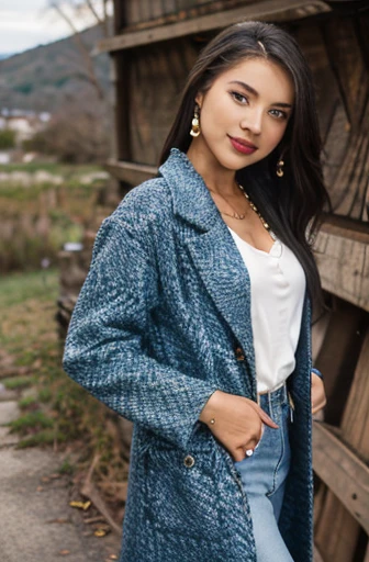 portrait photo of JoyKissQuiron, a woman, perfect lighting, looking at viewer, designer coat, outdoors    