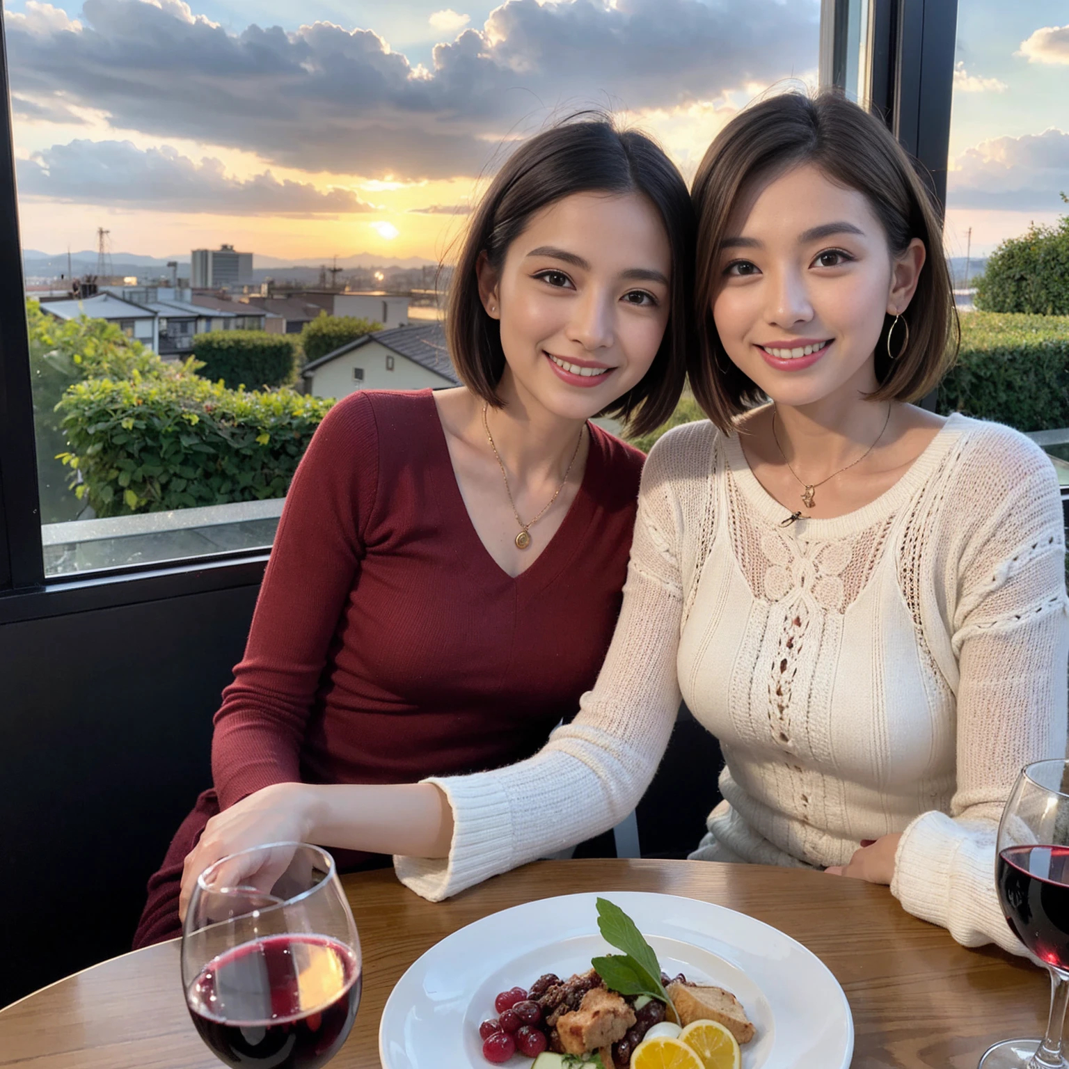 ((Highest quality、8K、masterpiece:1.3))、 (Ultra-realistic、 Genuine、Bright image、Intricate details:1.2), 最高のsmile、Slim Beauty、1 male、1 female、Beautiful couple、love love love、Slim lover、Lover in Sendai、actress couple、smile、Full-course dinner at a packed table、 (Slim face), (the body is slim), (Brown Hair), (short hair), テーブルのwine glass、Please shine a light on my face、 Amazing view of the sunset sky and clouds、37 years old 39 years old, red wine 、Appetizers、Wine bottle、sparkling wine、Long sleeve shirt、dress、White wine, red wine, wine glass,