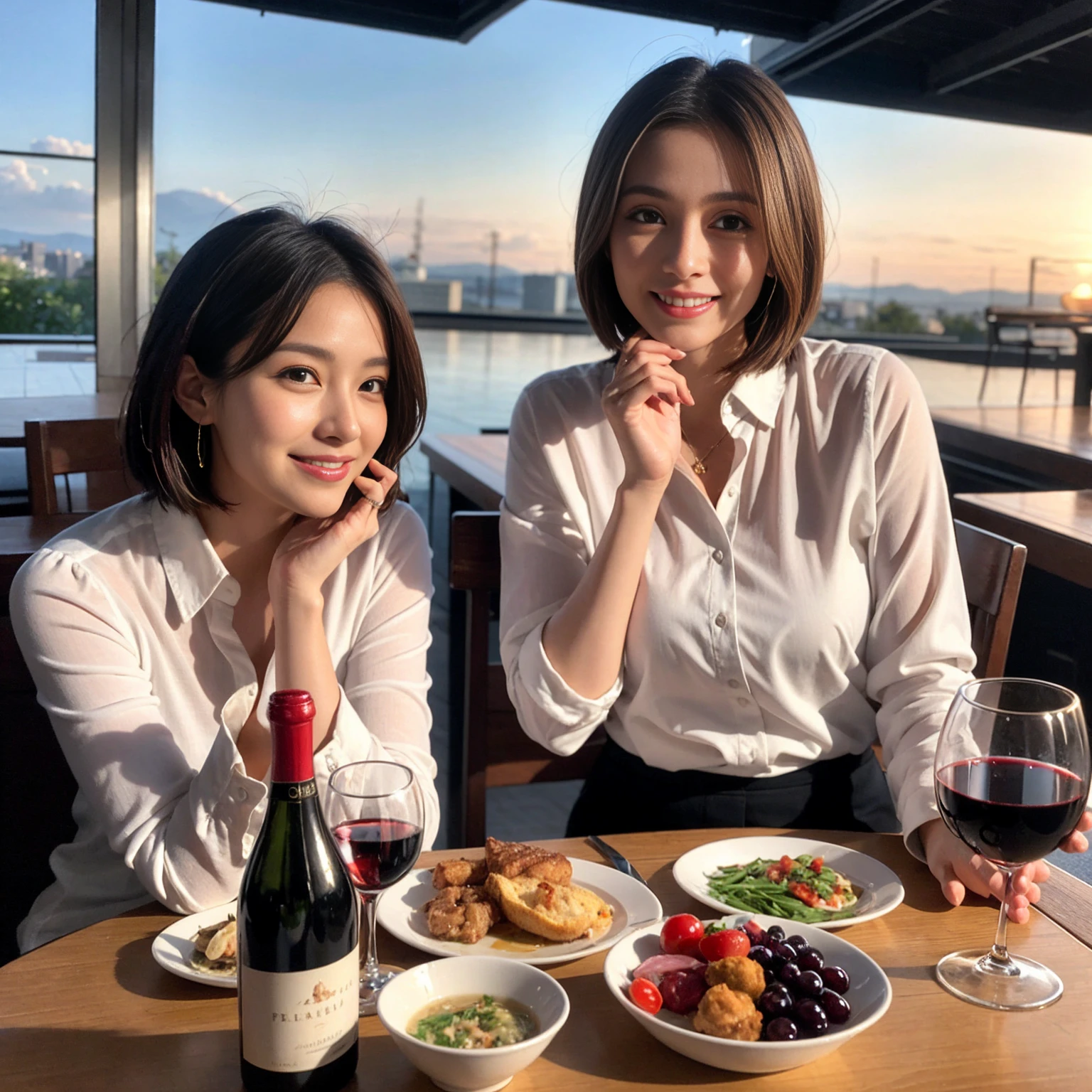 ((Highest quality、8K、masterpiece:1.3))、 (Ultra-realistic、 Genuine、Bright image、Intricate details:1.2), 最高のsmile、Slim Beauty、1 male、1 female、Beautiful couple、love love love、Slim lover、Lover in Sendai、actress couple、smile、Full-course dinner at a packed table、 (Slim face), (the body is slim), (Brown Hair), (short hair), テーブルのwine glass、Please shine a light on my face、 Amazing view of the sunset sky and clouds、37 years old 39 years old, red wine 、Appetizers、Wine bottle、sparkling wine、Long sleeve shirt、dress、White wine, red wine, wine glass, 