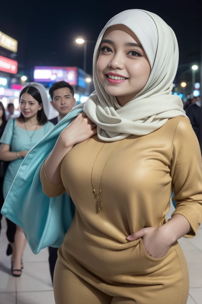 matured malay women drinking boba tea, hijab,(mira filzah:1.2), mira filzah face, pastel blue hijab, pastel white spring outfit, beautiful, happy pose, seducing, slim body, textured skin detail, detailed skin, wet body, wet face,wrinkles in face and body, flat chest, skinny, tall, in train station, crowded with people night jungle background, 4k, bokeh, blur background, professional lighting,