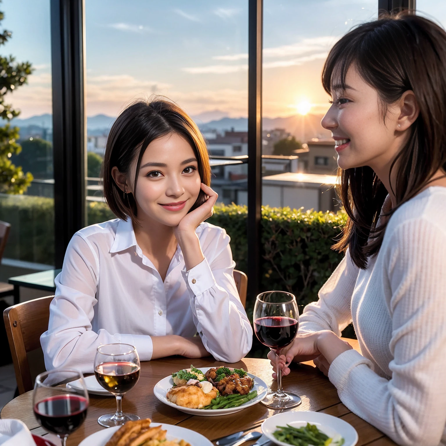 ((Highest quality、8K、masterpiece:1.3))、 (Ultra-realistic、 Genuine、Bright image、Intricate details:1.2), 最高のsmile、Slim Beauty、1 male、1 female、Beautiful couple、love love love、Lovers in Kyoto、Good friends、actress couple、smile、Full-course dinner at a packed table、 (Slim face), (the body is slim), (Brown Hair), (short hair), テーブルのwine glass、Please shine a light on my face、 Amazing view of the sunset sky and clouds、42 years old 39 years old, red wine 、Appetizers、Wine bottle、sparkling wine、Long sleeve shirt、dress、White wine, red wine, wine glass,