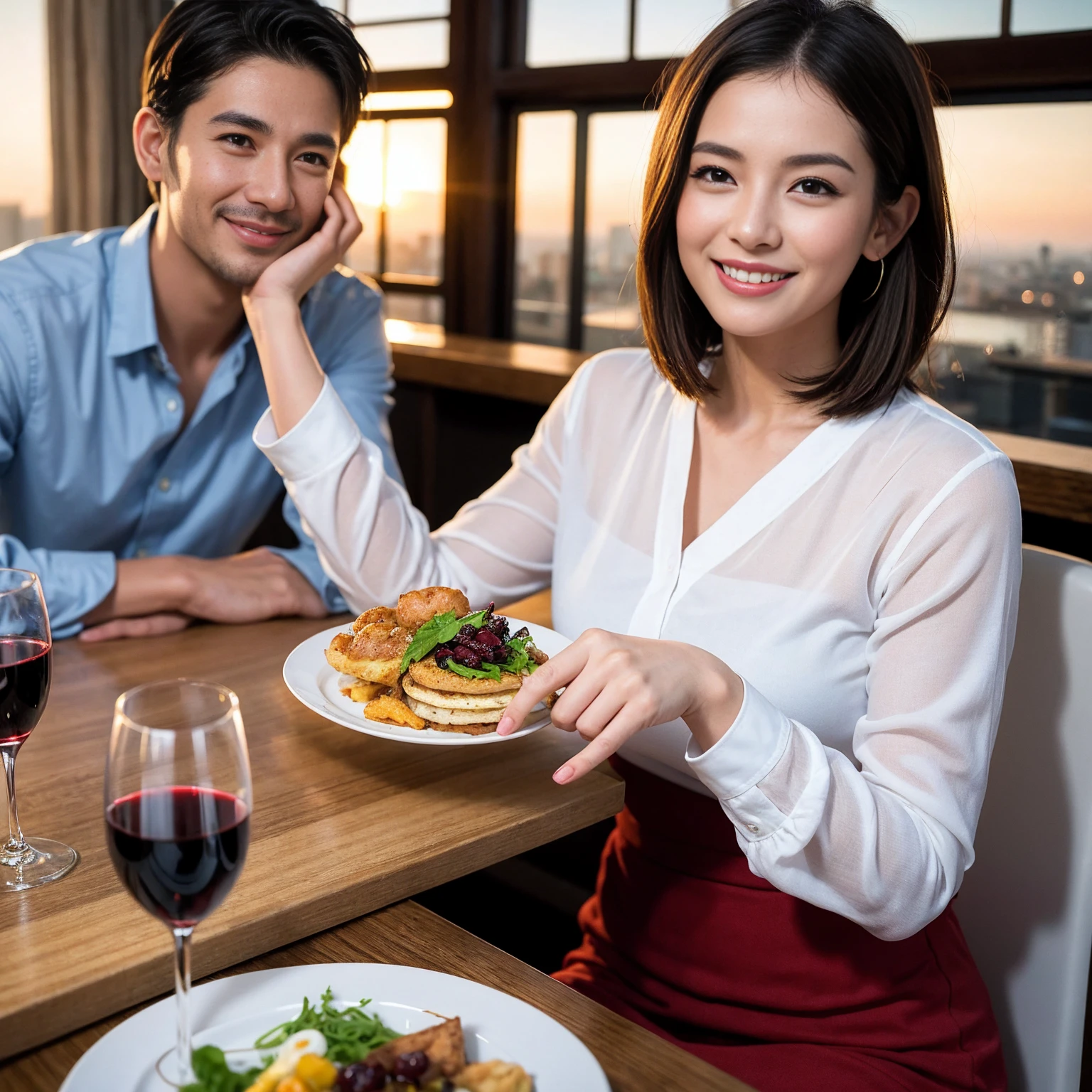 ((Highest quality、8K、masterpiece:1.3))、 (Ultra-realistic、 Genuine、Bright image、Intricate details:1.2), 最高のsmile、Slim Beauty、1 male、1 female、Beautiful couple、love love love、Lovers in Kyoto、Good friends、actress couple、smile、Full-course dinner at a packed table、 (Slim face), (the body is slim), (Brown Hair), (short hair), テーブルのwine glass、Please shine a light on my face、 Amazing view of the sunset sky and clouds、42 years old 39 years old, red wine 、Appetizers、Wine bottle、sparkling wine、Long sleeve shirt、dress、White wine, red wine, wine glass,