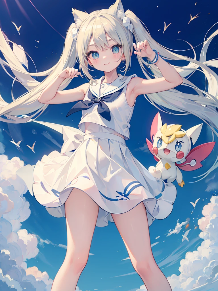 ((masterpiece)), Confused, ((Lily_Pokemon)), Aqua Eye, blonde,Twin tails、Beautiful white skin、Cat ear,White ribbon, White Sailor Suit、White pleated skirt , Sleeveless, ((Charm))、smile、Perfect proportions、Simple Background