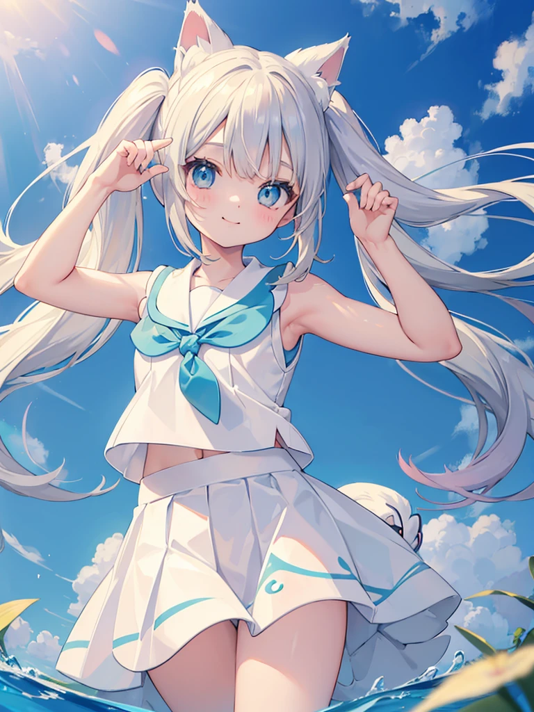 ((masterpiece)), confused, ((Lilly_Pokemon)), aqua eye, blonde,ponytail、beautiful white skin、white ribbon, white sailor suit、white pleated skirt , sleeveless, ((attractive))、smile、perfect proportions、On a quiet tropical sandy beach、((Look at the sea))、((angle from below))、water droplets、