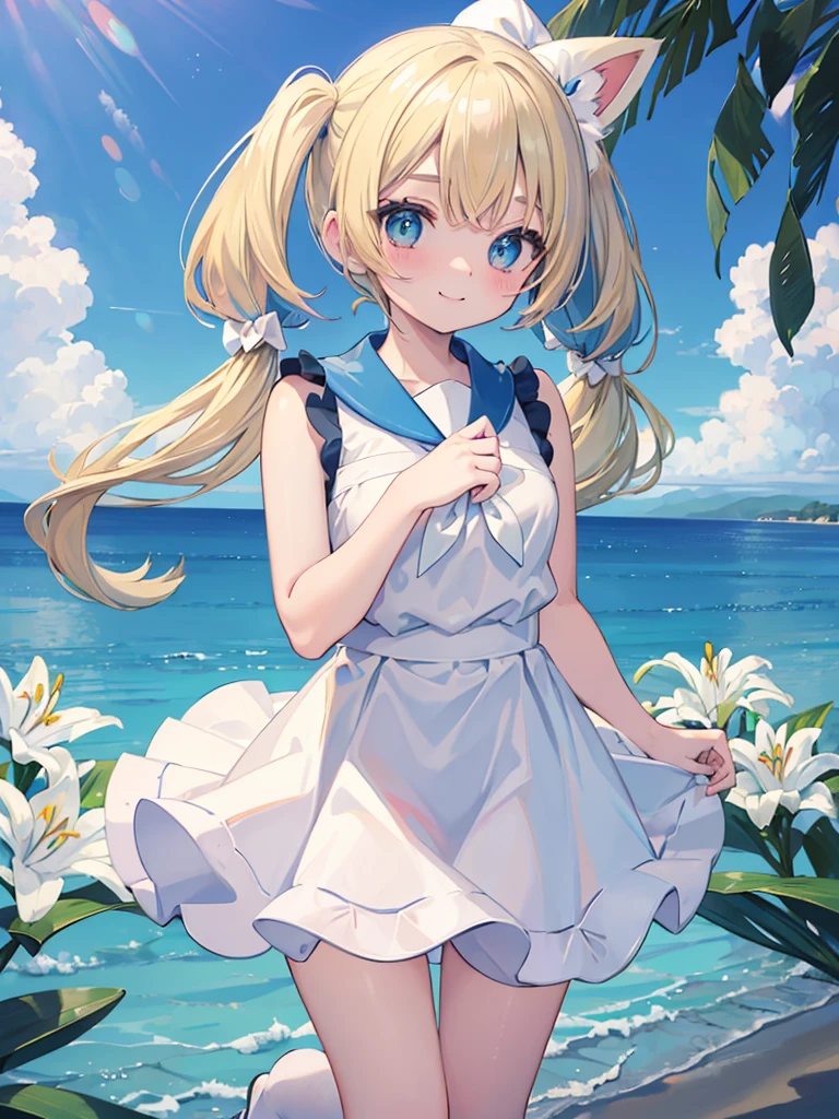 ((masterpiece)), Confused, ((Lily_Pokemon)), Aqua Eye, blonde,Twin tails、Beautiful white skin、Cat ear,White ribbon, White Sailor Suit、White pleated skirt , Sleeveless, ((Charm))、smile、Perfect proportions、Simple Background