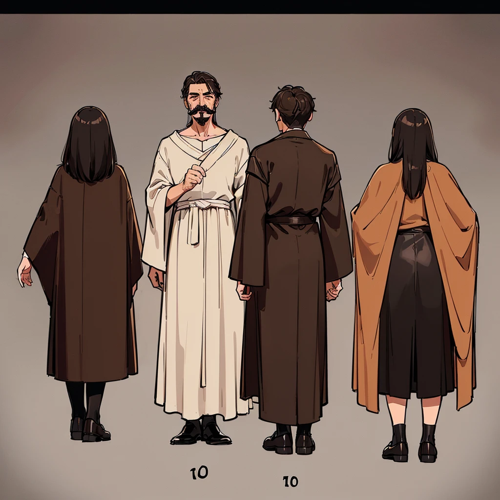 ((((Full body character concept、10 people))))、Highest quality, Best Quality,Best illustrations、middle ages、(((Simple brown robe、Black leather shoes)))、(40-year-old uncle、Kaiser moustache)、(Close your eyes、Close your eyes、smile)、dance、(From the back、Back view)