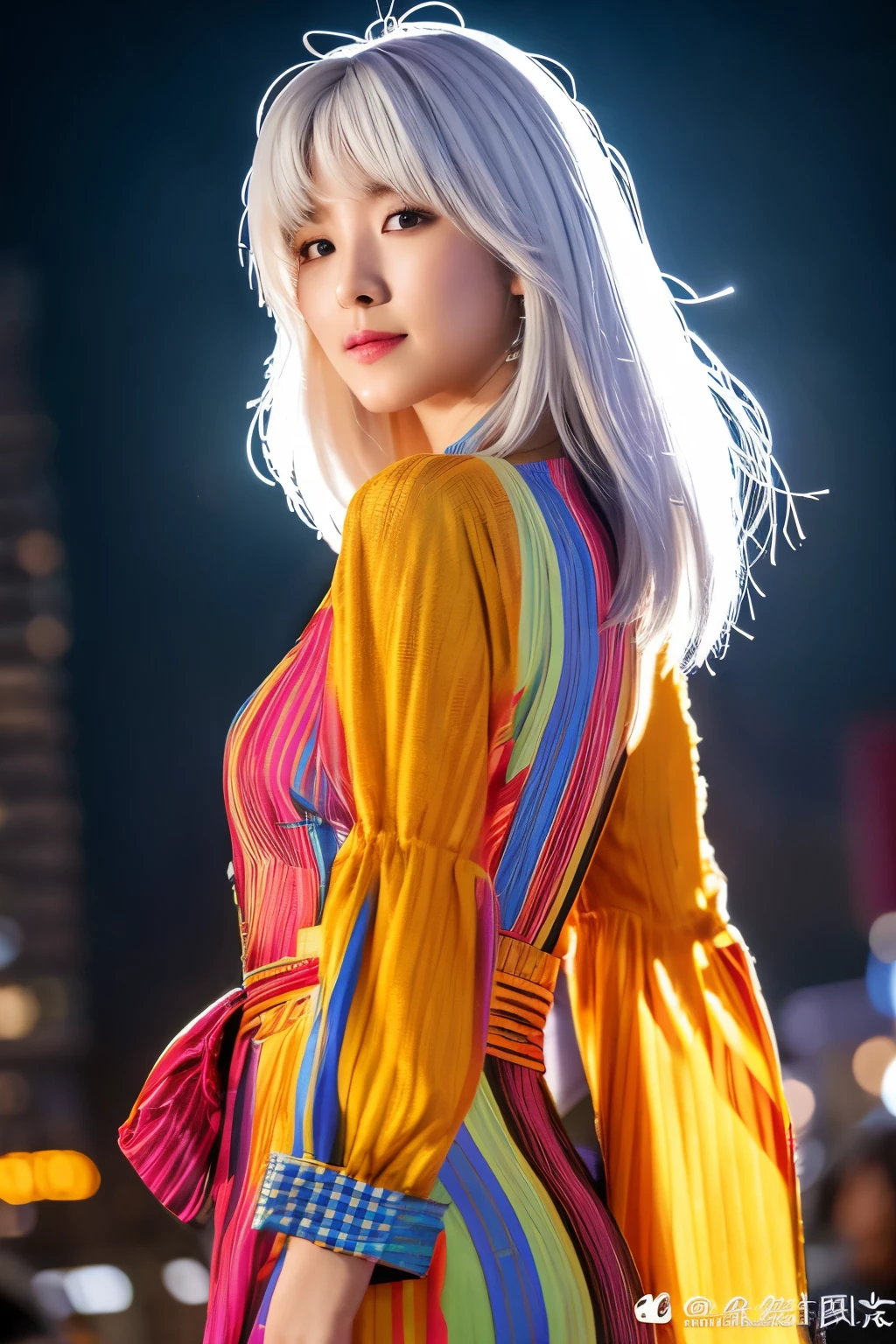 Masterpiece, high quality, high resolution, 8K, (solo:1.2), ((1girl)), Japanese woman, detailed face, detailed eyes, correct body structure, upper body, ((White hair:1.2)), very long hair, messy hair, slender body, seductive silhouette, luminous bones, depth of field, dark photo at nighttime, dimly lit, bangs, Cinematic Lighting, Tyndall effect, abstract background, futuristic outfits, vibrant colors, modern style, wide sleeves, artistic, unique patterns, colorful, stylish, trendy
