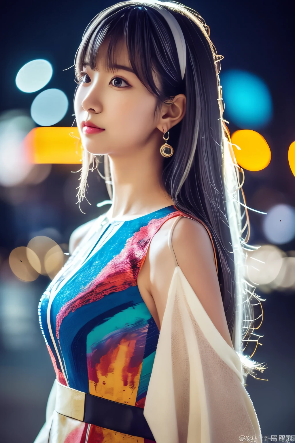 Masterpiece, high quality, high resolution, 8K, (solo:1.2), ((1girl)), Japanese woman, detailed face, detailed eyes, correct body structure, upper body, ((White hair:1.2)), very long hair, messy hair, slender body, seductive silhouette, luminous bones, depth of field, dark photo at nighttime, dimly lit, bangs, Cinematic Lighting, Tyndall effect, abstract background, futuristic outfits, vibrant colors, modern style, wide sleeves, artistic, unique patterns, colorful, stylish, trendy