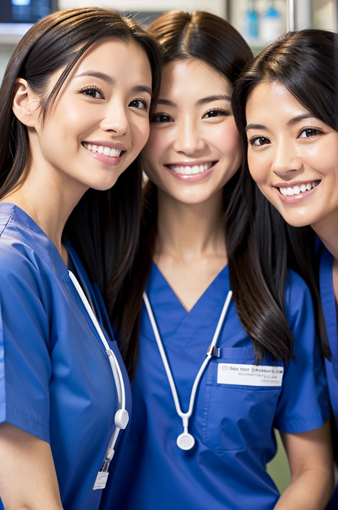 Dental hygienist, only two women Side by side, smiling, wearing black medical scrubs Black, short sleeves, cute, Japanese, black hair, female, early 20s Upper body close-up high resolution Highest quality Don't press your face too much