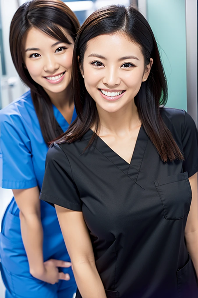 Dental hygienist, only two women Side by side, smiling, wearing black medical scrubs Black, short sleeves, cute, Japanese, black hair, female, early 20s Upper body close-up high resolution Highest quality Don't press your face too much