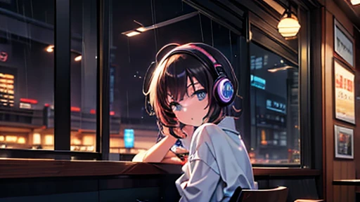 20-year-old female, 90s anime style, rain, coffee shop,, Woman wearing headphones, Late Night Cafe,Listening to music alone, City Pop, low quality, Lo-Fi, Chill, late 夜, Stylish cafe counter seats, Dark Room, Futuristic night view outside the window, Dark Room