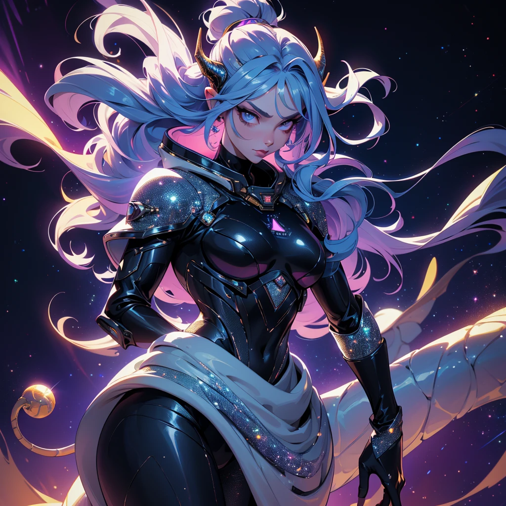 A space dragon sitting at the edge of the universe, lonely, sad, void, stars, the stars mixed in the sea, a sea of stars, ethereal woman, Blue and purple hair , space buns, space outfit, white black and gold outfit, golden dragon horns and tail, space outfit, space suit, mass effect suit, perfectly drawn face, black dress, stars detailed background, prismatic lighting, glitter, whole body, walking on the stars with crystal shoes A beautiful dragon humanoid woman with space hair of variant shades of blue and purple with space buns in hair , Golden scanes on the face and shoulders, Anime, 4k, Beautiful woman with a golden dragon tail and horns, Space hair, Floating in space, Vintage space Attire, floating through space, dancing, havign fun, Space Witch, Witch, Older woman, Toned physique, long hair with side bangs, humanoid face with scales, human with dragon horns and tail, witch outfit, body suit, thigh boots, wearing black, white and gold, blue hair, purple hair, Woman in space with water rippling reflecting the night sky, space and water mixed today, dancing in space, floating, ethereal dragon at the edge of the universe, end of the universe