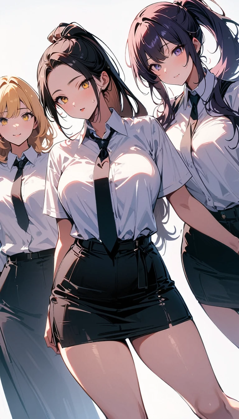 (high quality, 8k, 4K, high contrast, artwork:1.2, high quality, best aesthetics), (dynamic angle), ((3 woman)), (3 different characters), [first character: (almost pale white skin), (dark purple hair tied in a ponytail), (dark purple eyes), (black lipstick), (calm facial expression), (medium breasts), (wide thighs), (mature body), (white dress shirt, black tie and short black skirt)], [second character: (brown black skin), (loose wavy long red hair), (yellow eyes), (funny facial expression), (medium breasts), (wide thighs), (white dress shirt, black tie, short black skirt), (without lipstick)], [third character: (long, straight blonde hair), (blue eyes), (calm and gentle facial expression), (large breasts), (wide thighs), (white dress shirt, black tie, short black skirt)