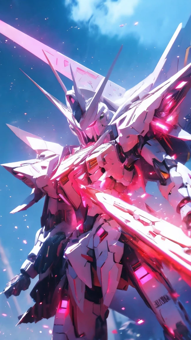 Real、high resolution、8K、Emitting pink light particles(universe space)Strike Gundam standing in the sky、Particles of light surround the aircraft、Facing the camera、