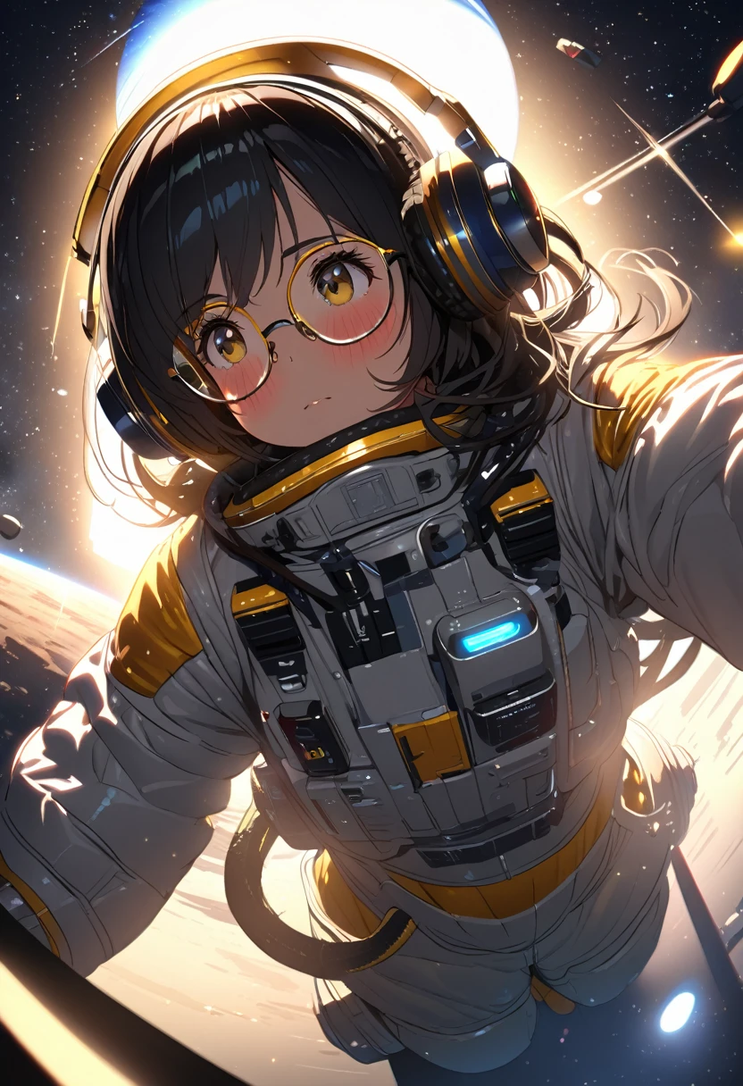 (extremely detailed fine touch:1.3), (hard light, studio light, light rays, dappled light, reflection, shadows, ray tracing:1.0), (2D:1.3), girl, solo, very short black hair, (((yellow underrim glasses:1.3))), (headphones:1.2), blush, spacesuit, space helmet, space, Space Colony,