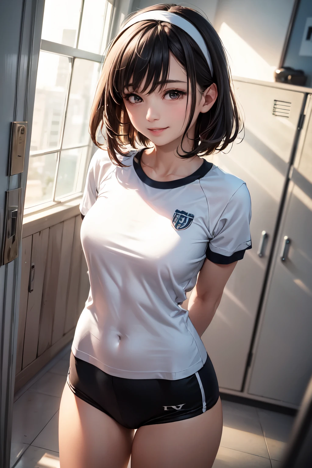 very cute and beautiful girl,(highly detailed beautiful face),(smile:1.2),happy,looking at viewer, (japanese ladies gym uniform),(blue bloomers),standing,arms behind back,detailed legs, locker room in training gym,black hair, (best quality,masterpiece),absurdres,highres,ultra-detailed,extremely detailed,32k,8k resolution, intricate details,cinematic scene,detailed background,solo,dynamic angle,