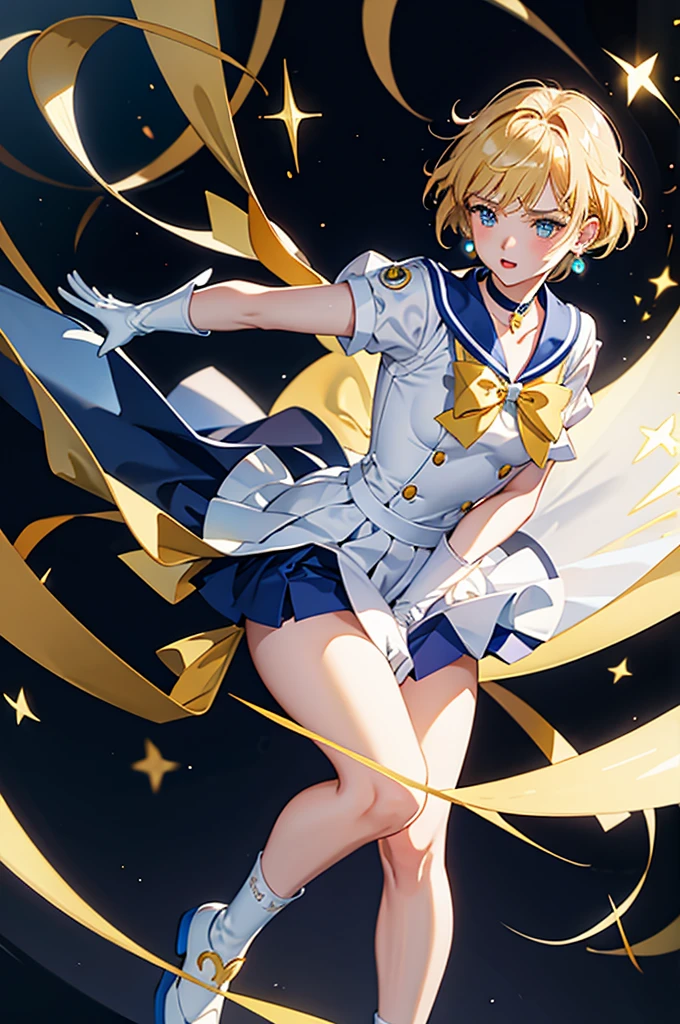 Sailor Uranus,One girl,Blonde,blue choker,Blue footwear,blue Sailor collar,blue skirt,boots,choker,Circlet,Earrings,gloves,jewelry,Magical girl,plant,Sailor collar,Sailor Mercury,Sailor Warrior Uniforms,Sailor Uranus,short hair,skirt,alone,star choker,tiara,((very short hair)),white gloves,Yellow ribbon, masterpiece、Highest quality、High resolution、High-quality images、8K, 1 female、Skin luster、Skin Texture、Expression of fine eyes, realism, detailed manga style, Manga art style, Perfect Line Drawing, Beautiful line art, digital manga art girl, clear, charm, ((naked,:1.5)), squat, Put your hands together above your head