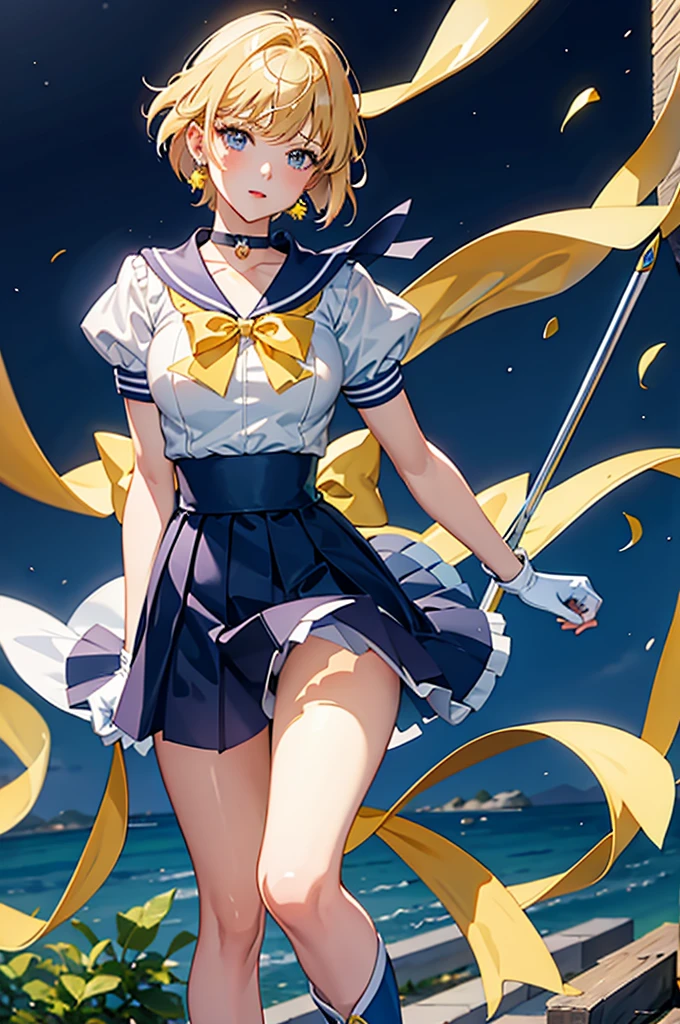 Sailor Uranus,One girl,Blonde,blue choker,Blue footwear,blue Sailor collar,blue skirt,boots,choker,Circlet,Earrings,gloves,jewelry,Magical girl,plant,Sailor collar,Sailor Mercury,Sailor Warrior Uniforms,Sailor Uranus,short hair,skirt,alone,star choker,tiara,very short hair,white gloves,Yellow ribbon, masterpiece、Highest quality、High resolution、High-quality images、8K, 1 female、Skin luster、Skin Texture、Expression of fine eyes, realism, detailed manga style, Manga art style, Perfect Line Drawing, Beautiful line art, digital manga art girl, clear, charm, 