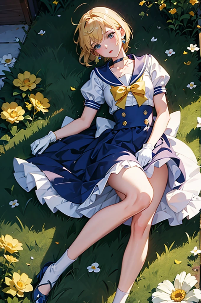 Sailor Uranus,One girl,Blonde,blue choker,Blue footwear,blue Sailor collar,blue skirt,boots,choker,Circlet,Earrings,gloves,jewelry,Magical girl,plant,Sailor collar,Sailor Mercury,Sailor Warrior Uniforms,Sailor Uranus,short hair,skirt,alone,star choker,tiara,very short hair,white gloves,Yellow ribbon, masterpiece、Highest quality、High resolution、High-quality images、8K, 1 female、Skin luster、Skin Texture、Expression of fine eyes, realism, detailed manga style, Manga art style, Perfect Line Drawing, Beautiful line art, digital manga art girl, clear, charm, 