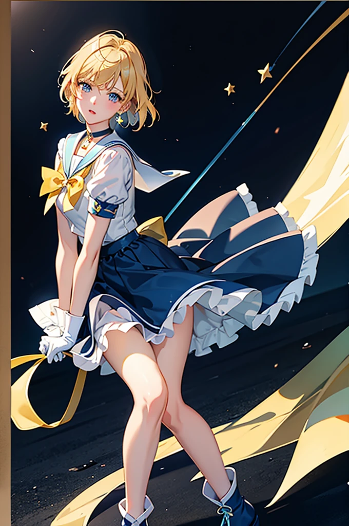 Sailor Uranus,One girl,Blonde,blue choker,Blue footwear,blue Sailor collar,blue skirt,boots,choker,Circlet,Earrings,gloves,jewelry,Magical girl,plant,Sailor collar,Sailor Mercury,Sailor Warrior Uniforms,Sailor Uranus,short hair,skirt,alone,star choker,tiara,very short hair,white gloves,Yellow ribbon, masterpiece、Highest quality、High resolution、High-quality images、8K, 1 female、Skin luster、Skin Texture、Expression of fine eyes, realism, detailed manga style, Manga art style, Perfect Line Drawing, Beautiful line art, digital manga art girl, clear, charm, 