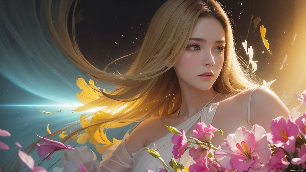 32k, Masterpiece, Highest quality, One girl, Detailed eyes, flower,gladiolus, Yellow and pink style,A dreamy, romantic piece,Pale yellow, Mysterious Leaves,A playful arrangement,Fantasy,High Contrast,Ink strokes,explosion,Exposure, Impression of yellow and white tones,Abstract,((Watercolours by John Berkey and Jeremy Mann )) Brush strokes,Negative Space, Tyndall effect,