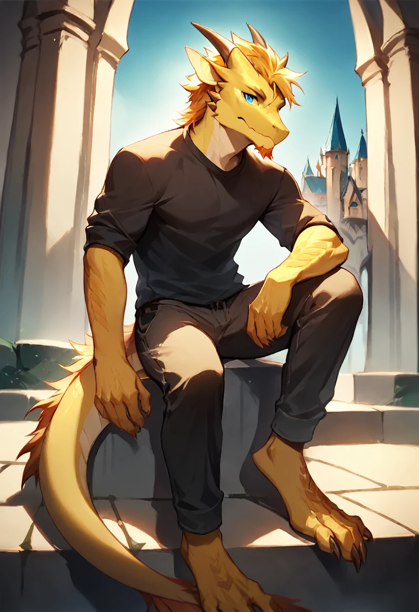 score_9, score_8_up, score_7_up, score_6_up, score_5_up, score_4_up, (solo), male anthro yellow dragon, solo, castle, sitting, blond hair, blue eyes, long length hairstyle, athletic, pants, fencer