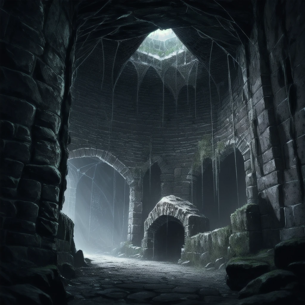 A dark, damp dungeon with spider webs all around