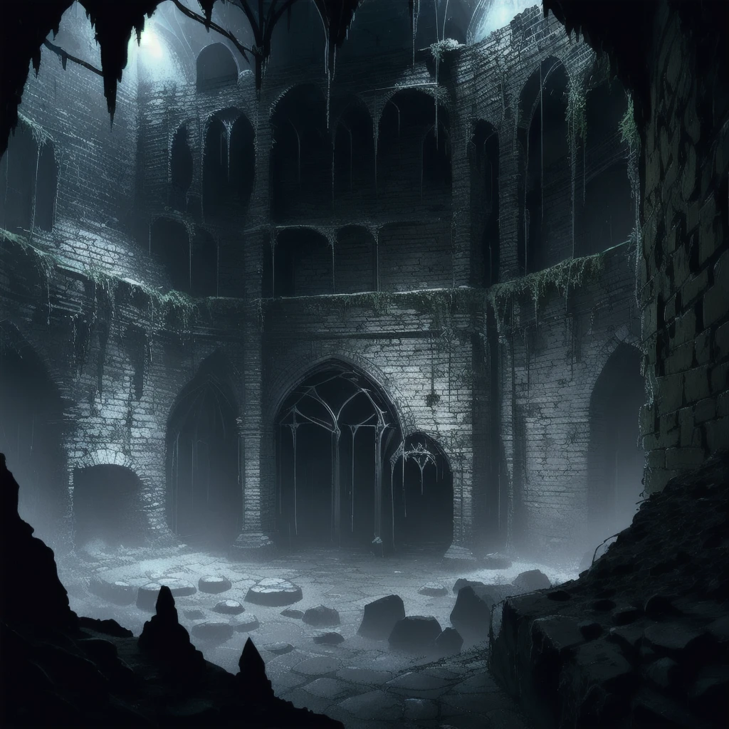 A dark, damp dungeon with spider webs all around
