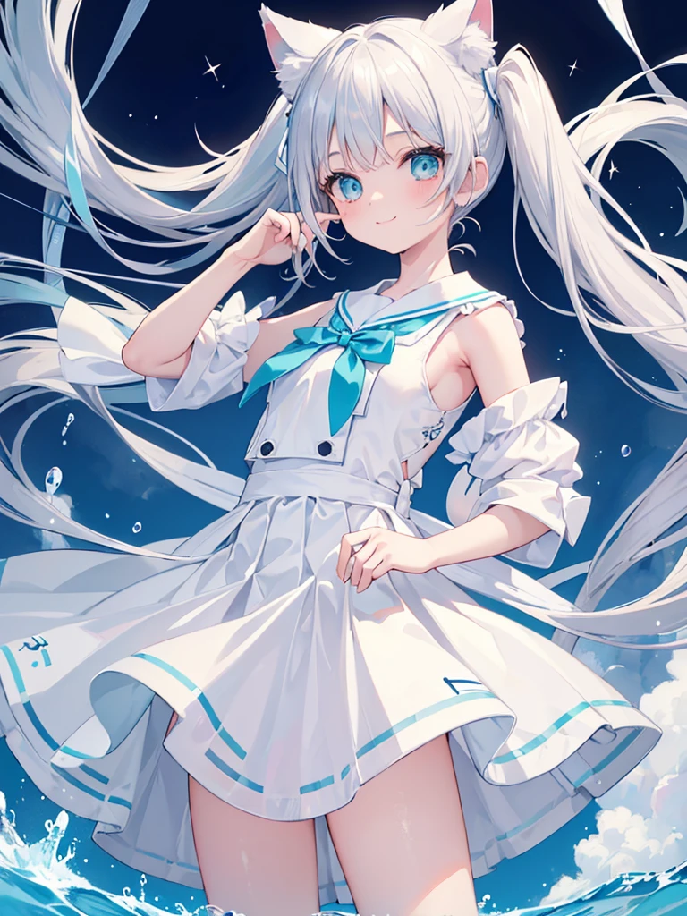 ((masterpiece)), Confused, , Aqua Eye, Silver Hair,Twin tails、Beautiful white skin、Cat ear,White ribbon, White Sailor Suit、White pleated skirt , Sleeveless, ((Charm))、smile、Perfect proportions、Simple Background