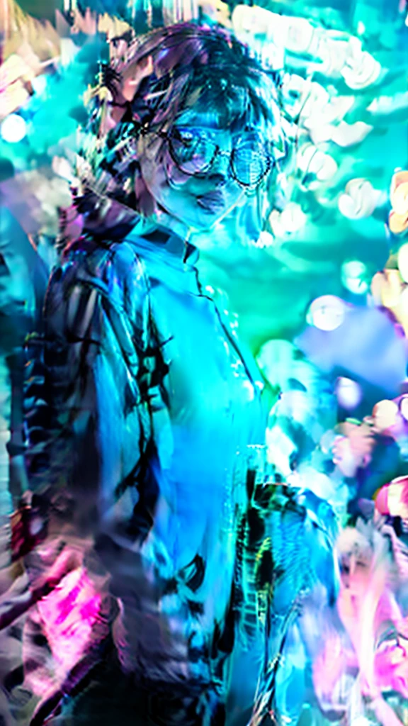 a young woman with beautiful detailed eyes, detailed lips, and extremely detailed face jogging through a cinematic night cityscape, detailed realistic background with cinematic lighting, 1girl wearing an open cardigan, tied shirt, yoga pants, and glasses, looking at the viewer with ringed yellow eyes, split-color hair, and a tattoo, posing in a model-like manner under the streetlights and lampposts, (best quality,4k,8k,highres,masterpiece:1.2),ultra-detailed,(realistic,photorealistic,photo-realistic:1.37),ligne claire