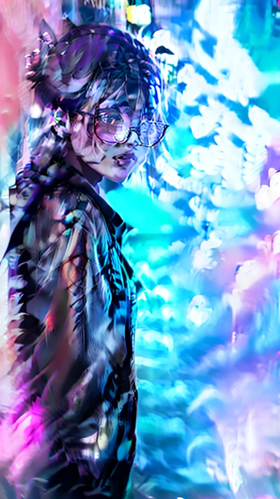 a young woman with beautiful detailed eyes, detailed lips, and extremely detailed face jogging through a cinematic night cityscape, detailed realistic background with cinematic lighting, 1girl wearing an open cardigan, tied shirt, yoga pants, and glasses, looking at the viewer with ringed yellow eyes, split-color hair, and a tattoo, posing in a model-like manner under the streetlights and lampposts, (best quality,4k,8k,highres,masterpiece:1.2),ultra-detailed,(realistic,photorealistic,photo-realistic:1.37),ligne claire