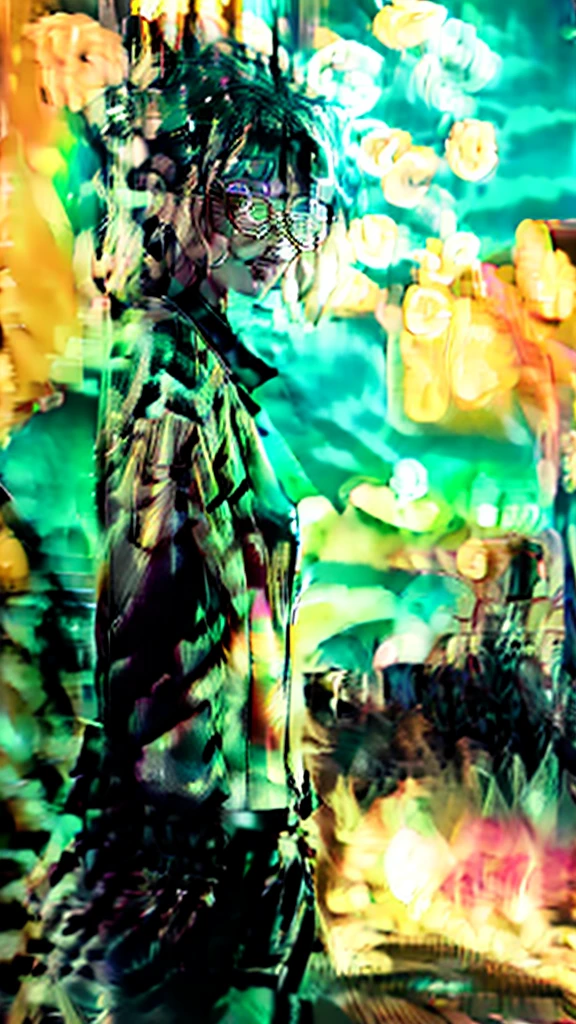 a young woman with beautiful detailed eyes, detailed lips, and extremely detailed face jogging through a cinematic night cityscape, detailed realistic background with cinematic lighting, 1girl wearing an open cardigan, tied shirt, yoga pants, and glasses, looking at the viewer with ringed yellow eyes, split-color hair, and a tattoo, posing in a model-like manner under the streetlights and lampposts, (best quality,4k,8k,highres,masterpiece:1.2),ultra-detailed,(realistic,photorealistic,photo-realistic:1.37),ligne claire