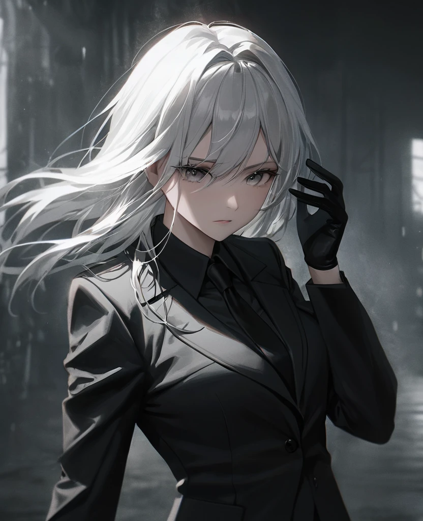 a woman with one arm, white hair, wearing a black suit and black gloves, arrogant expression, detailed face, high quality, photorealistic, 8k, professional, dramatic lighting, cinematic, cold color palette, dark moody atmosphere