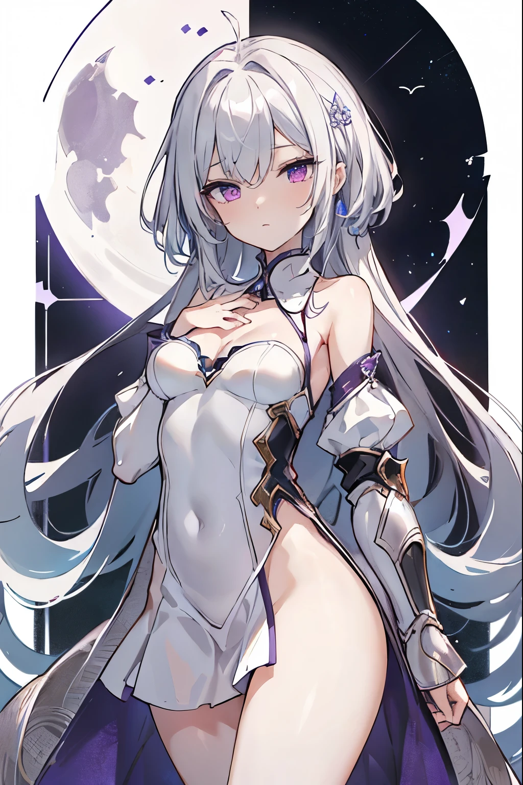 1girl, アニメ, cute girl, blank background, white background, fantasy, detailed fantasy dress with highlights, beautiful face, beautiful eyes, dark colors, black hair with multicolor streaks, red eye with different color pupil in eye, multicolor eye, medium breasts, slight cleavage, beautiful skin, cute, breast curtains, extremely delicate and beautiful, (beautiful detailed face:1.0), (detailed deep eyes), symmetrical breasts, deep eyes, shiny skin, portrait, slender waist, hips wider than shoulders, thighs, expressionless, young girl, luminous eyes, adorable,(Kpop idol),(aegyo sal:1),(Platinum blonde hair:1),((puffy eye)),Black panty,sexy posture,Superskirt, Ultra-high resolution,Black collar,slim figure, Abdominal y tattoo, womb tattoo,Tight-fitting leg ring,y tattoo on half-body,Bare skin, Armored hand,Hidden fingertips,Hand covered,Arm covered,Fist covered,{{beautiful detailed fingers}}, tufts of hair, moderate beautiful breast:1.0,(masterpiece:1.2), best quality, high-res, HDR, perfect face, intricate armor, delicate blue filigree, intricate filigree, red metalic parts, detailed part, dynamic pose, dynamic lights, cute face, neutral expression, shuimobysim, lotus, Hanfu, maxi skirt, dress conservatively 1girl, 独奏, long blue hair, standing, One lady,14years,((White hair) ,(Shiny purple bodysuit with microskirt),((Fantasy, Moon Night)), gradient_eyes,