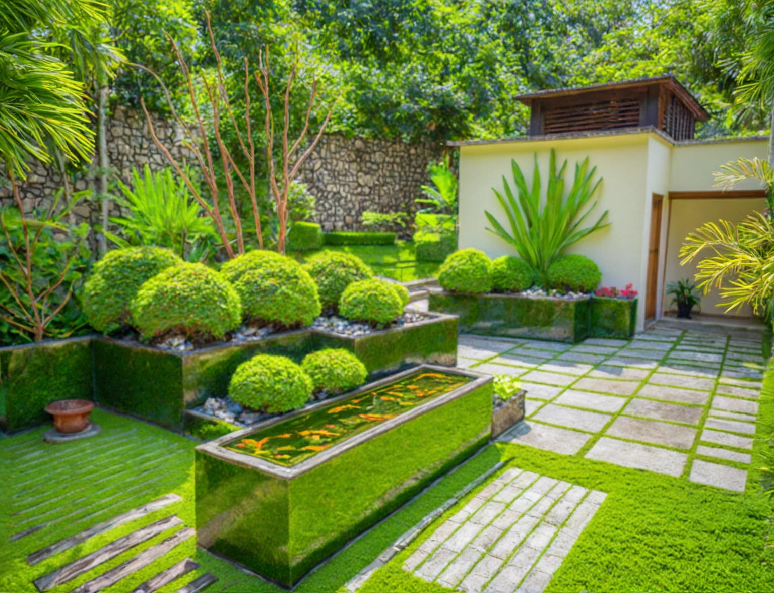 Moderntropicalgardern,aiaigroup, aerial view, outdoors, garden, tree, east asian architecture, rock, stone, flower, daylight,  house,Beautifully designed garden mandarin branches