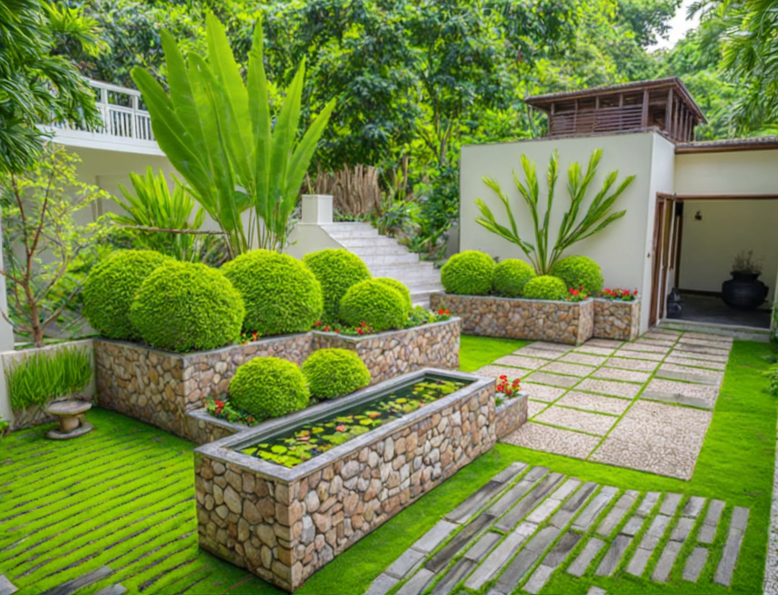 Moderntropicalgardern,aiaigroup, aerial view, outdoors, garden, tree, east asian architecture, rock, stone, flower, daylight,  house,Beautifully designed garden mandarin branches