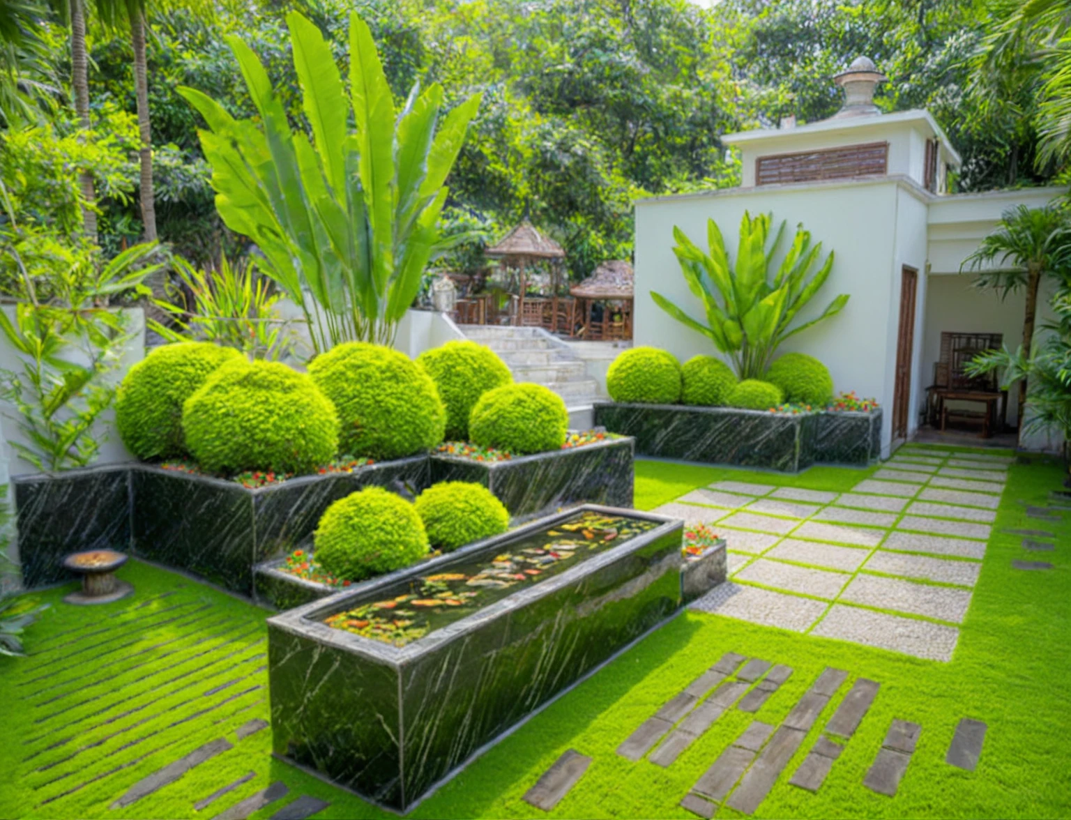 Moderntropicalgardern,aiaigroup, aerial view, outdoors, garden, tree, east asian architecture, rock, stone, flower, daylight,  house,Beautifully designed garden mandarin branches