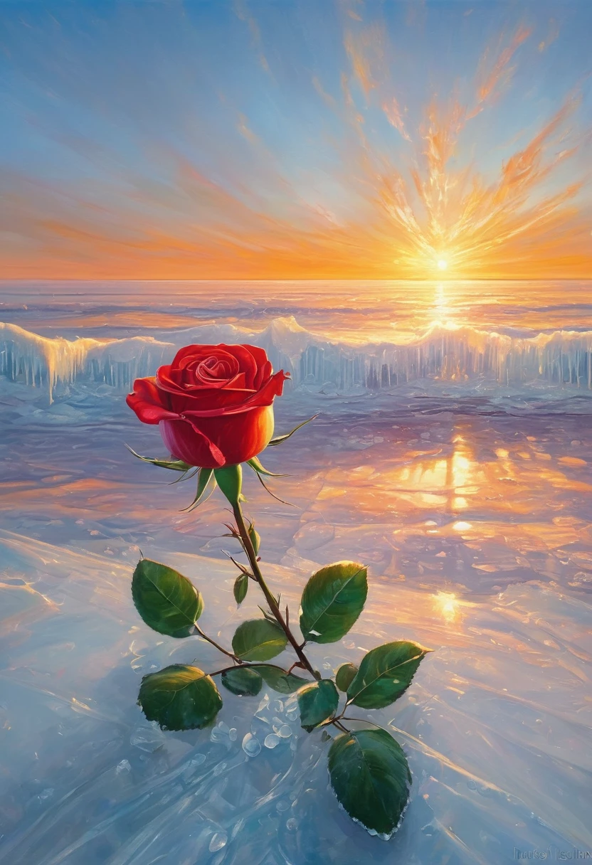 An oil painting,sunrise,Ocean,horizon,peaceful,Red rose in ice,Frozen Rose,Refracted Light