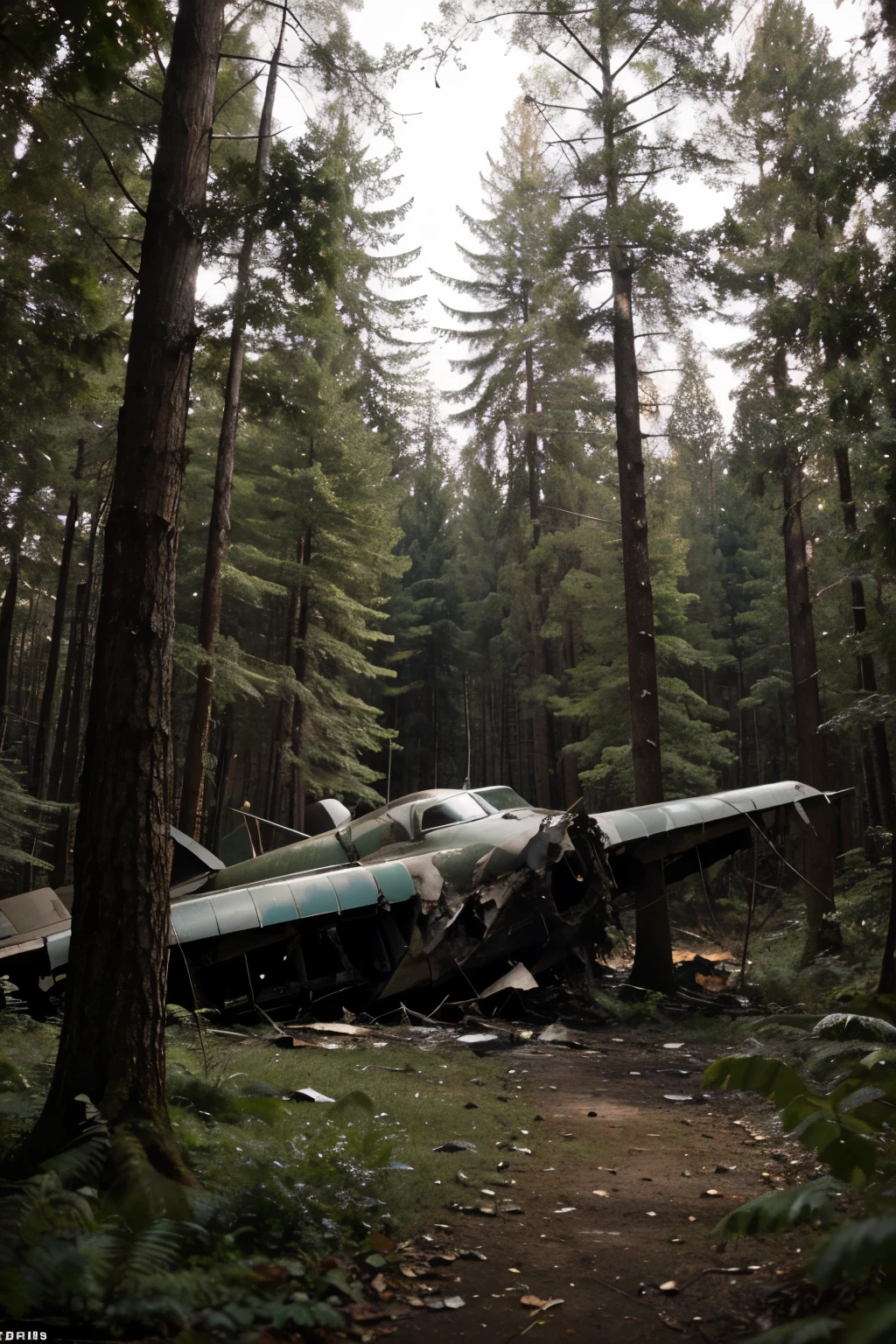 a plane that had crashed in a thick forest. A pilot's body was split in two and the remains were scattered in the gap between the trees
