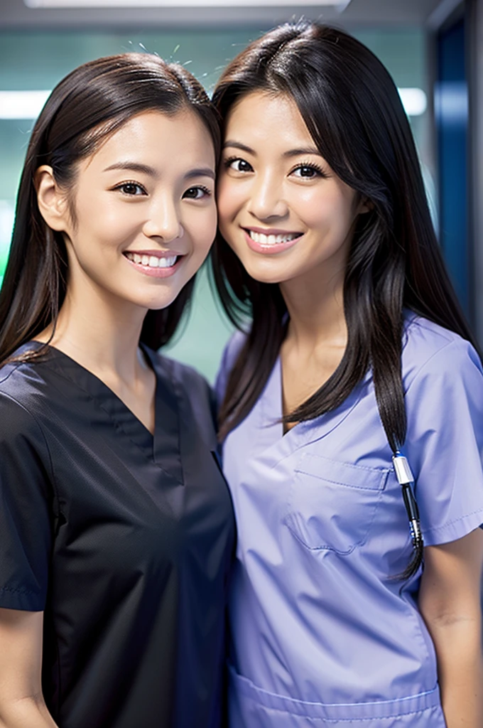 Dental hygienist, only two women Side by side, smiling, wearing black medical scrubs Black, short sleeves, cute, Japanese, black hair, female, early 20s Upper body close-up high resolution Highest quality Don't press your face too much